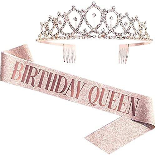LIENJAER Birthday Queen Sash & Rhinestone Tiara - Rose Gold Birthday Gifts Glitter Birthday Sash Birthday Party Favors