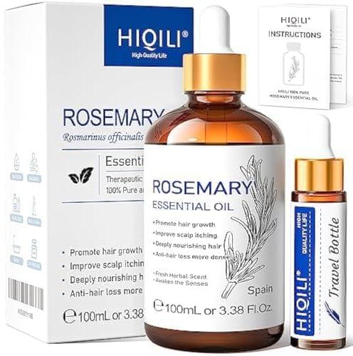 HIQILI 100ML Rosemary Essential Oil, Included 10ML Travel Bottle, 100% Pure Organic Therapeutic Grade for Hair Growth, Strengthening, Hair Loss, Dandruff, Add to Shampoo, Conditioner -3.38 Fl. Oz