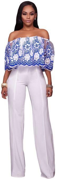 Generic Blue Embroidery Ruffle Overlay Strapless Jumpsuit