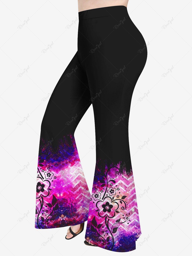 Plus Size Floral Galaxy Sparkling Ombre Print Flare Pants - 6x