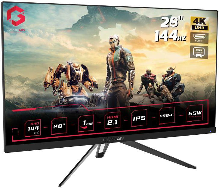 GAMEON GO28UHDIPS 28" 4K UHD 144Hz 1ms HDMI 2.1 Gaming Monitor (Support PS5) with GAMEON Pole Mounted Gas Spring SingleMonitor Arm