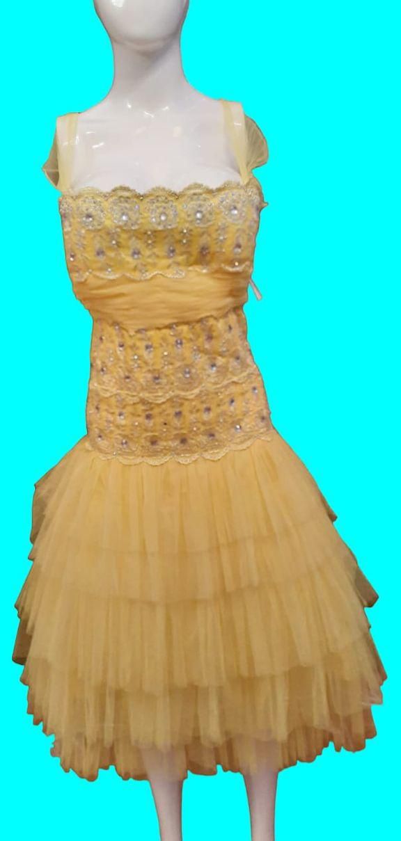 STYLISH EVENING SHORT DRESS. HIGH QUALITY. IMPORTED. YELLOW COLOR.