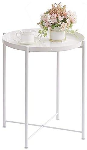 Metal Tray End Table, Round Accent Coffee Side Table, Anti-Rust and Waterproof Outdoor Small Side Table, Indoor Modern Sofa Side Table Bedside Table for Living Room Bedroom Balcony (White)