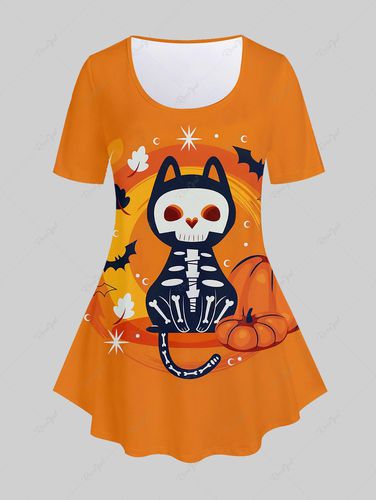 Plus Size Halloween Skeleton Cat Pumpkin Print Tee - 5x | Us 30-32 ...
