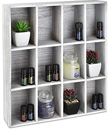 Ikee Design Wall Mounted Wooden Mountable 12 Compartments Holder Display Shelf, Wood Collection Wall Display Shadow Box Rack, 15.38”W x 3 ”D x 14.13”H, Grey Color