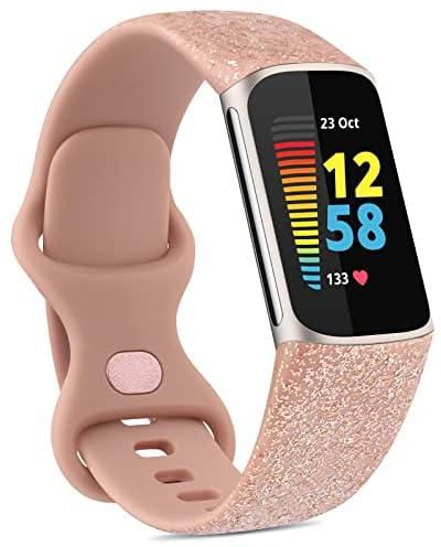 VANCLE Compatible with Fitbit Charge 5 for Women Men, Soft Silicone Strap Adjustable Sport Wristbands for Fitbit Charge 5 Fitness Tracker (Small, Glitter Rose Gold)