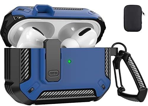 ELMO3EZZ for Airpods Pro Case Cover with Lock, Airpods Pro Protective Case for Men Military Hard Rugged Shockproof Cover with Keychain Compatible with Apple Airpods Pro 2019 Front LED Visible, Blue