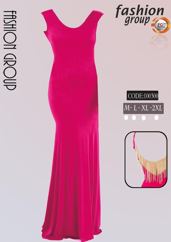Fashion Group Long Evening Dress With Gold Chains Back - Fuchsia