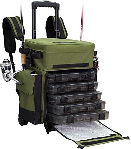 Elkton Outdoors Rolling Tackle Box with Wheels - Waterproof Fishing Backpack, 5 Removable Trays, 4 Rod Holders, Gifts for Men, Fish Bag, Roller