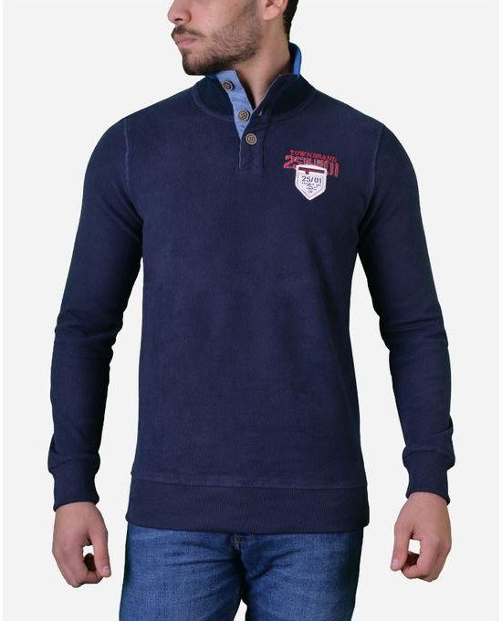 Town Team Buttoned Colar Chest Logo Sweatshirt - Navy