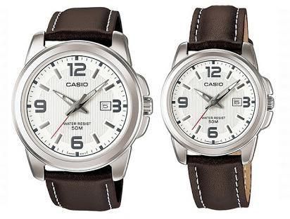 LEATHER STRAP WATCH FOR MEN & WOMEN WITH DATE WHITE DIAL MTP/LTP-1314L-7A