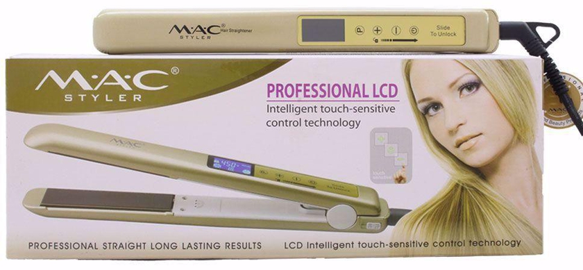 MAC Hair straigtener for all hair types reaches to 450 F degrees with touch screen.
