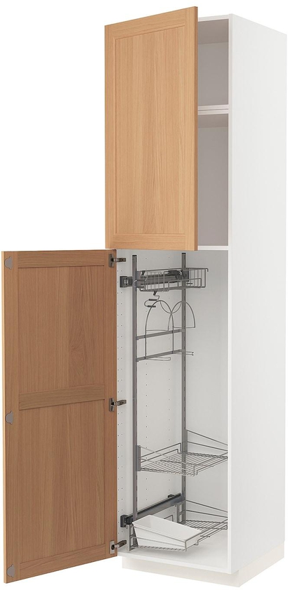 METOD خزانة عالية مع أرفف مواد نظافة - أبيض/Vedhamn سنديان ‎60x60x240 سم‏