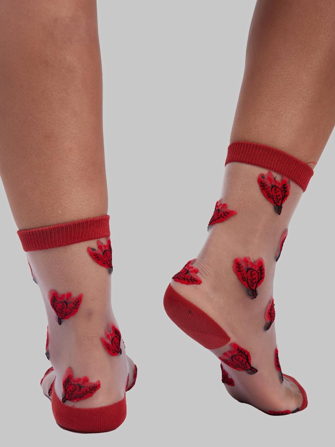 Kamata Red Bougainvillea Sheer Socks - Red