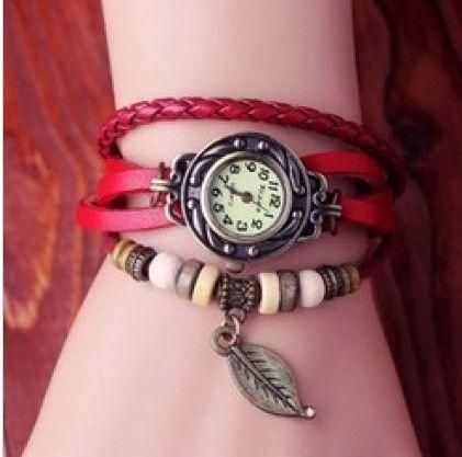Genuine Leather Hand Knit Vintage Watches,bracelet Wristwatches Leaf Pendant(Red)