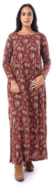 Kady Side Slits Round Neck Floral Nightgown- Multicolour Brown