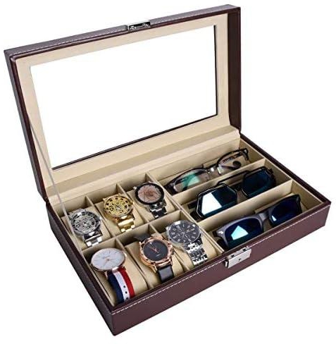 صندوق مجوهرات جلدي من أتوأرك - يسع 6 ساعات - علبة مجوهرات بثلاث حجرات لتخزين النظارات الطبية والشمسية - علبة منظمة لعرض النظارات