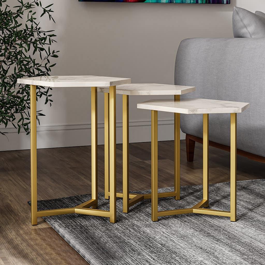 Get Steel Side Table set with Marble Surface, 3 Pieces, 35×55 cm - Gold with best offers | Raneen.com