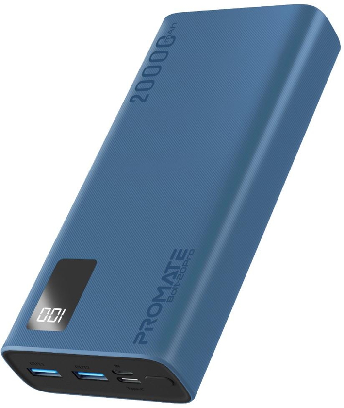 Promate Power Bank, Universal 20000mAh Ultra-Slim Portable Charger with 10W USB-C™ Input/Output Port, Dual USB Ports, LED Screen and Over-Heating Protection for iPhone 14, Galaxy S22, iPad Air, Bolt-20Pro.BLUE