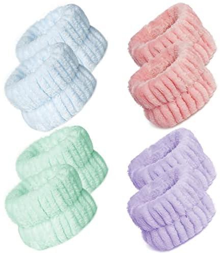 4 Pairs Wrist Spa Washband Soft Microfiber Wrist Washband Wrist Wash Towel Band for Washing Face Makeup Women Girls Ladies Prevent Water Wet Your Arm (Pink, Green, Purple, Blue)