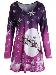 Christmas Snowflake Sled Moon Print Plus Size T Shirt Dress - Purple - 5xl