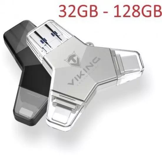 VIKING USB FLASH DISK 3.0 4v1 128GB, WITH APPLE LIGHTNING END, USB-C, MICRO USB, USB3.0, black | Gear-up.me