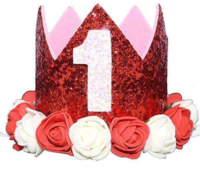 Memories Maker Glitter Crown With Flower Headband For Birthday 1 - Red