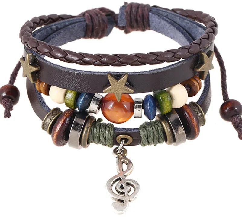 Handmade Boho Gypsy Hippie Design Brown Leather Star G Clef Note Metal Charms Wood Button Beads Wrap Unisex Adjustable Bracelet