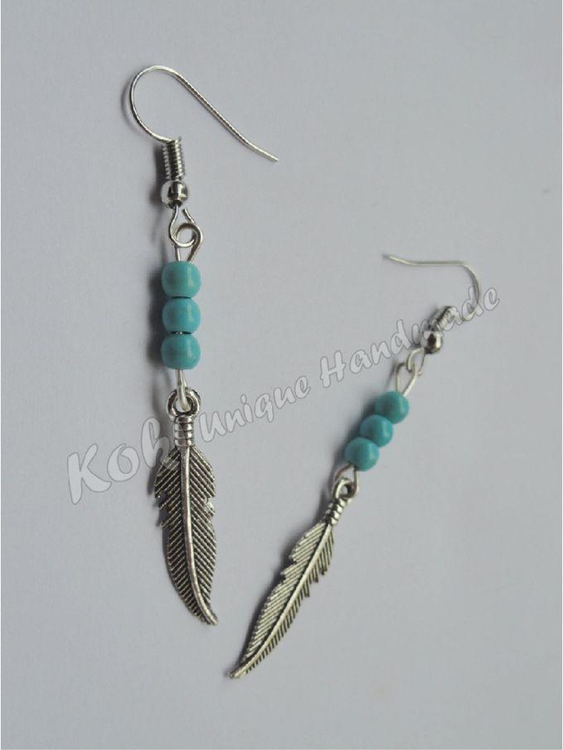 Koki Unique Handmade Silver Turquoise Feather Earrings