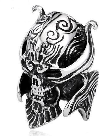 A men's titanium ring shaped like a scary skull