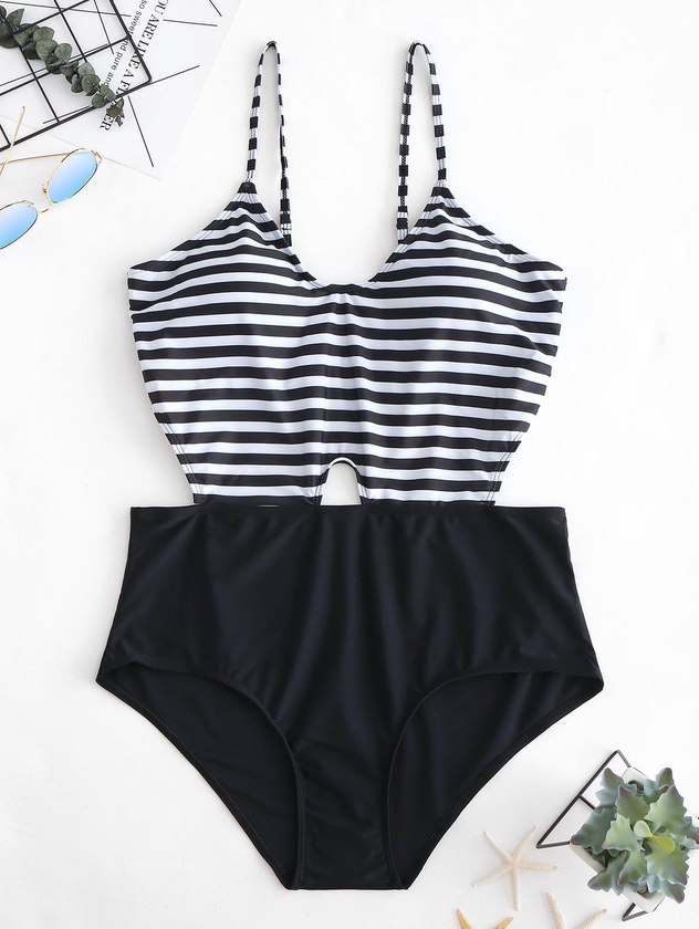 Cut Out Plus Size Striped Panel One-piece Swimsuit - 2x