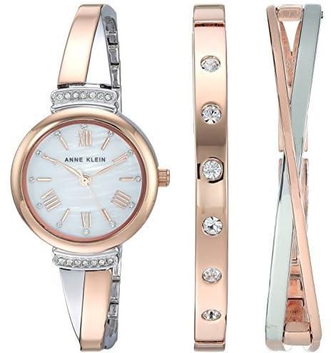Anne Klein Women's AK/2245RTST Crystal Accented Rose Gold-Tone and Silver-Tone Bangle Watch and Bracelet Set, Standard