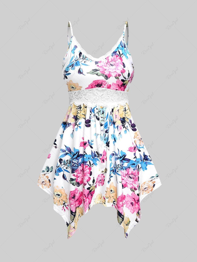 Plus Size Lace Panel High Waisted Backless Handkerchief Floral Tank Top - L | Us 12