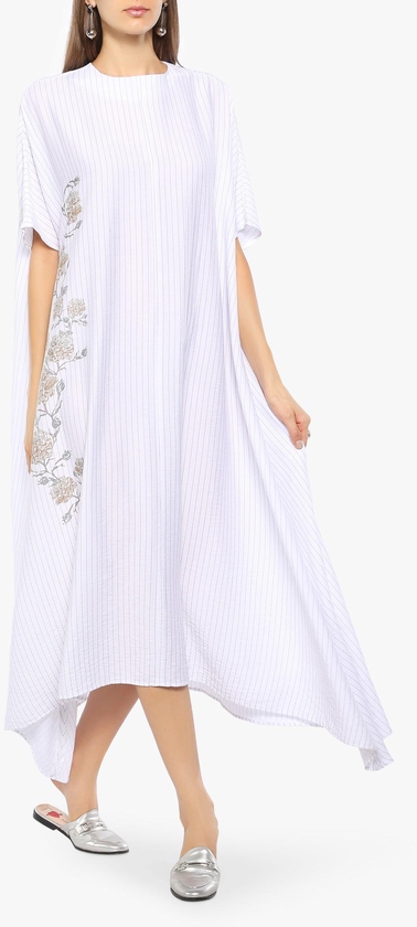 White Striped Floral Print Dress