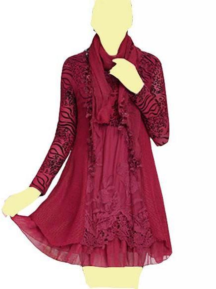 فستان نسائي شتوي قصير من الشمواة والشيفون  مطرز ومتعدد الطبقات اللون أحمرمع وشاح  مقاس XL