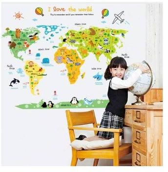 Creative Animals World Map Creative Cartoon DIY Removable Wall Stickers Kids Room Nursery Backdrop Home Decoration Wall Decals-Xsq