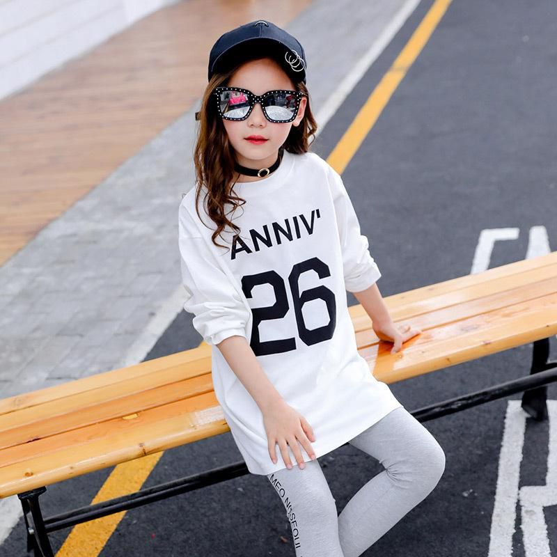 Korean Style Number Printed Girls Long Sleeve Tee - 5 Sizes (White)