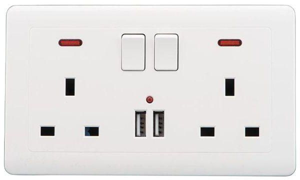 Generic Double Wall Sockets 2 Gang 13A With 2 USB Charger