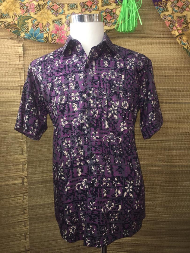 Short Sleeve Batik Men Shirt - Block Printed - 100% Cotton-SIZE L (Purple)
