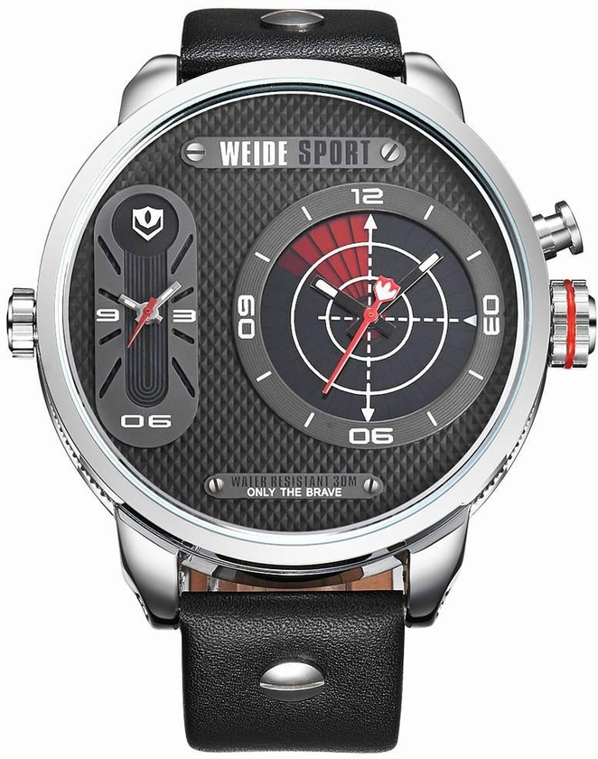Weide WH-3409 Men's Leather Strap Two Time Zones Display Quartz Sports Watch - Silver Black