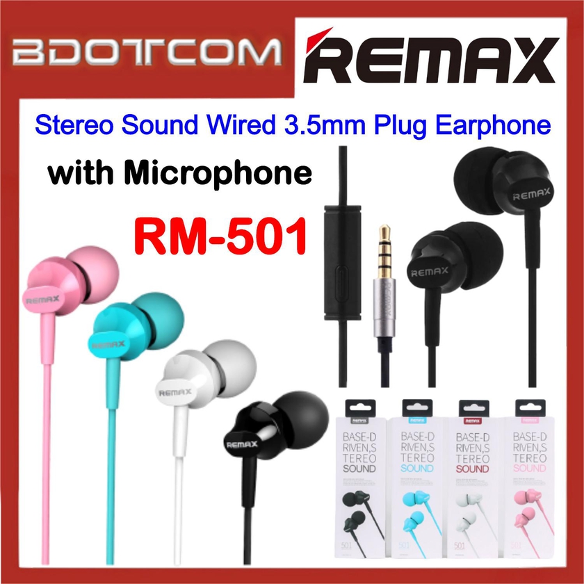 Remax RM-501 Stereo Sound Wired 3.5mm Plug Earphone with Microphone (4 Colors)