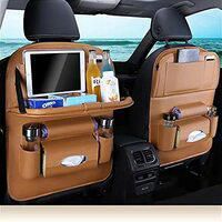 Car Backseat Organizer with Tablet Holder, 8 Storage Pockets PU Leather Seat Back Protectors Kick Mats for Kids Car Snack Organizer with Foldable Table Tray, Tissue Box (Brown) 1PCS