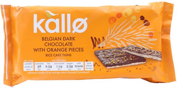 Kallo Rice Cake Thins With Belgian Dark Chocolate & Orange Piecs 71g