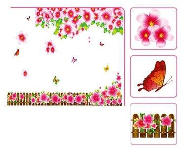 ملصق حائط بتصميم زهور وفراشة زهري/بني/أخضر 90x60سنتيمتر