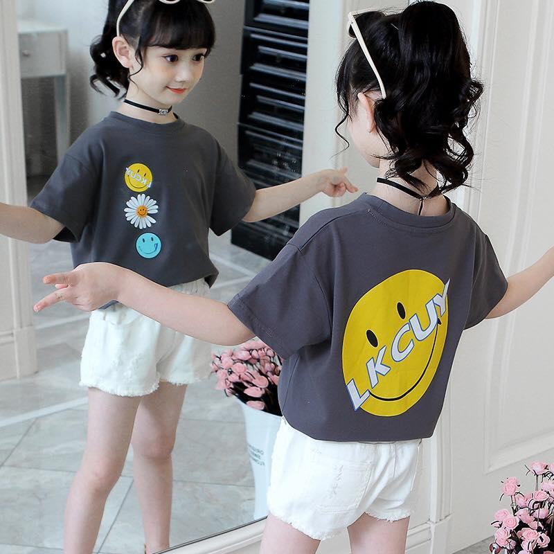Koolkidzstore Girls T-Shirt Big Emoji Printed - 6 Sizes (Dark Grey - White)