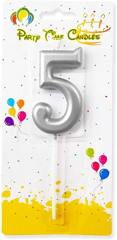 Party Time Silver Number 5 Birthday Candle Kids Adult Birthday Cake Decoration - Number Candle For Anniversary, Valentines Birthday Candle Cake Topper