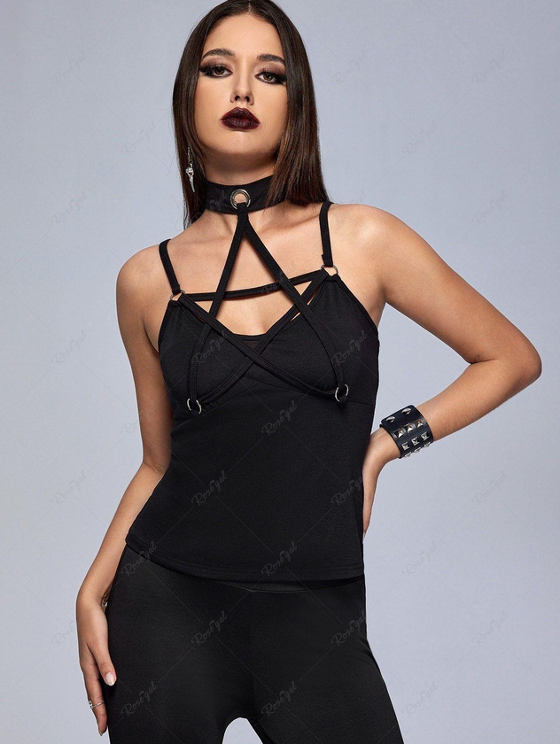 Gothic Halter Caged Cutout Lace-up Rings Cami Top - M | Us 10