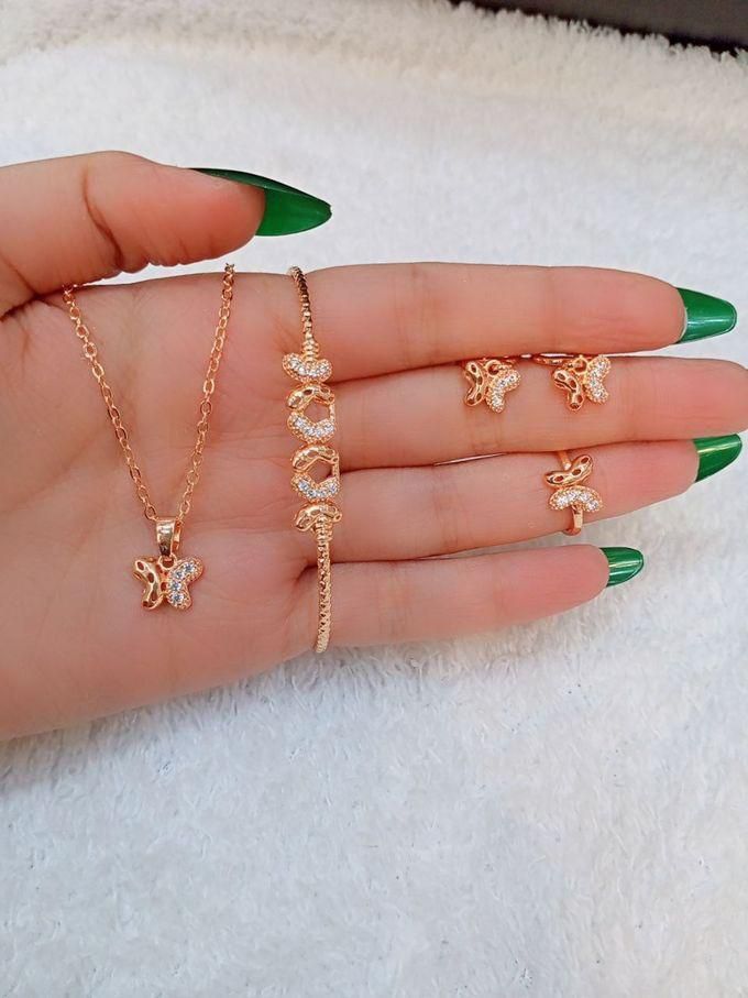 Jewelry Kids Set Necklaces, Bracelet, Earring And Ring Gold Plated