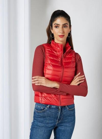 Solid Design Sleeveless Down Jacket Red