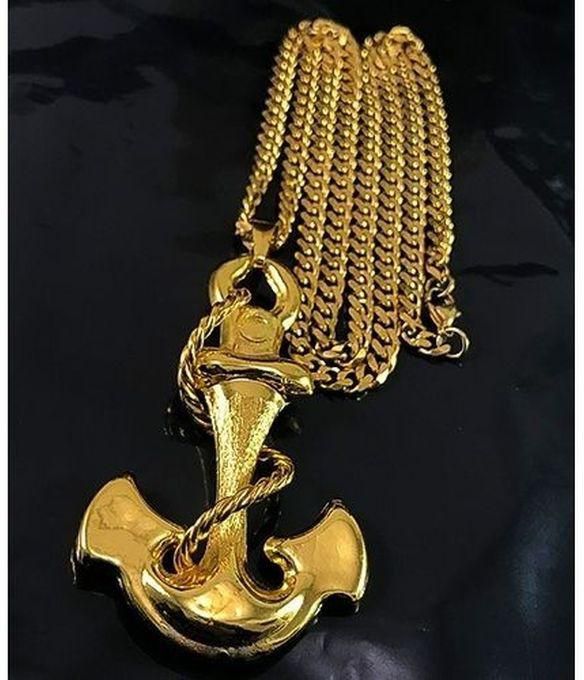Gold Cuban Link Chain With Anchor Pendant